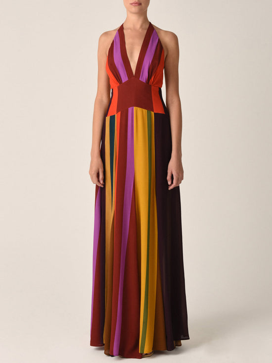 A chic and playful, sleeveless Tawny Dress Color Block Multi featuring a deep V-neckline and an ankle-length hem.