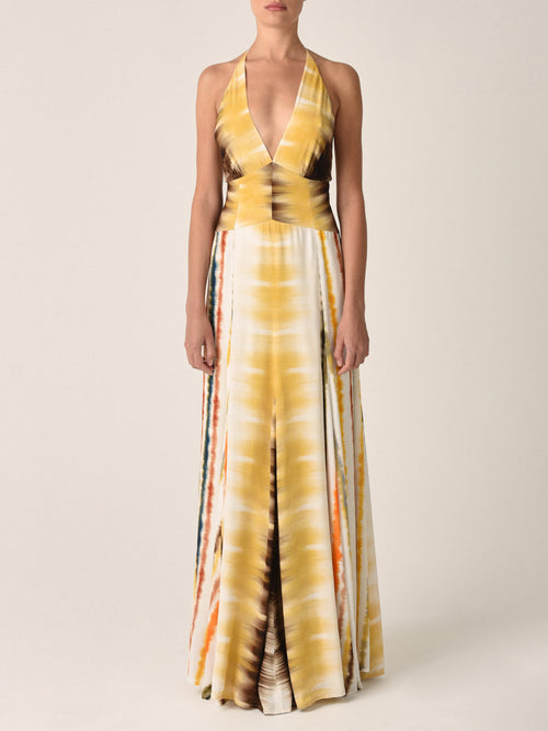 Tawny Dress Multi Hazy Stripe with a deep V-neckline, figure-elongating stripes, and floor-length flowy design.