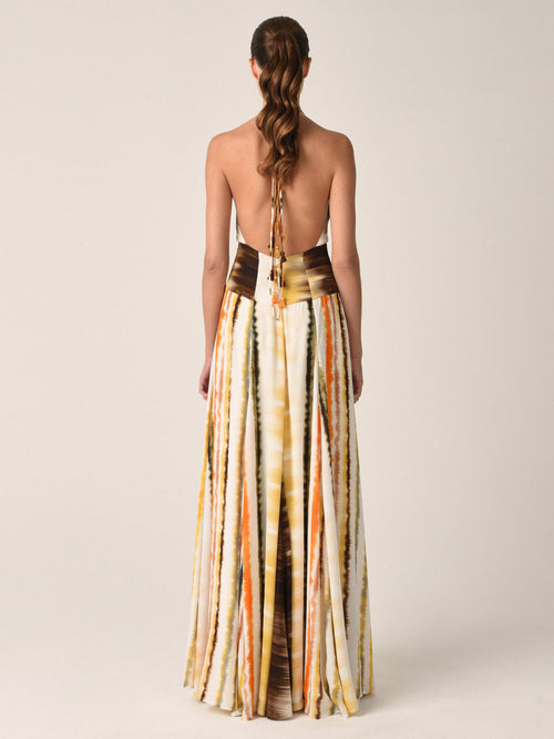 Tawny Dress Multi Hazy Stripe with a deep V-neckline, figure-elongating stripes, and floor-length flowy design.