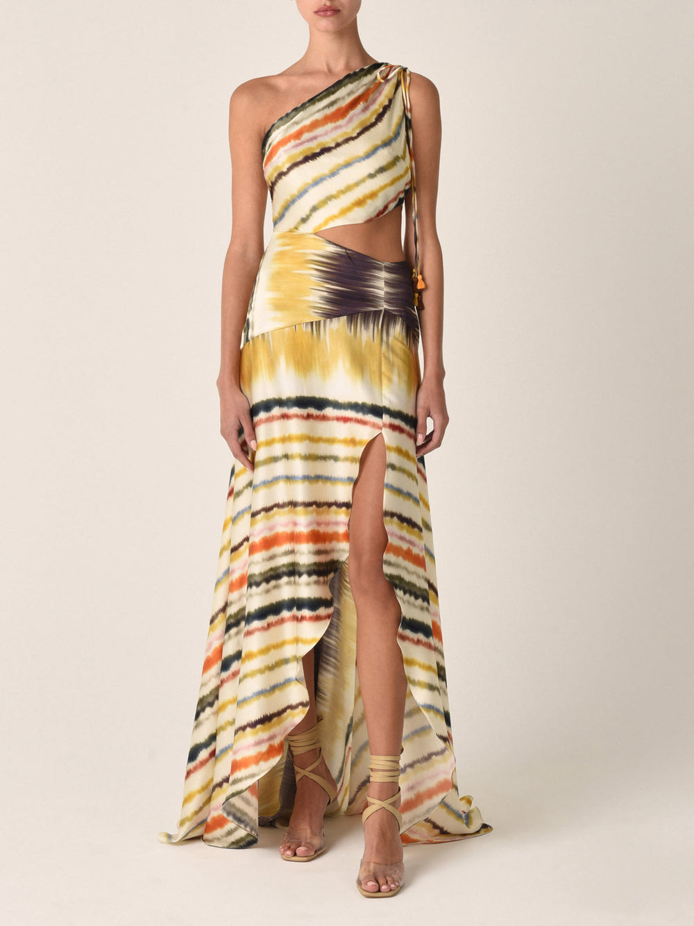 One-shoulder, asymmetric Whitney Dress Multi Hazy Stripe with a silk print and a cinched waist detail.