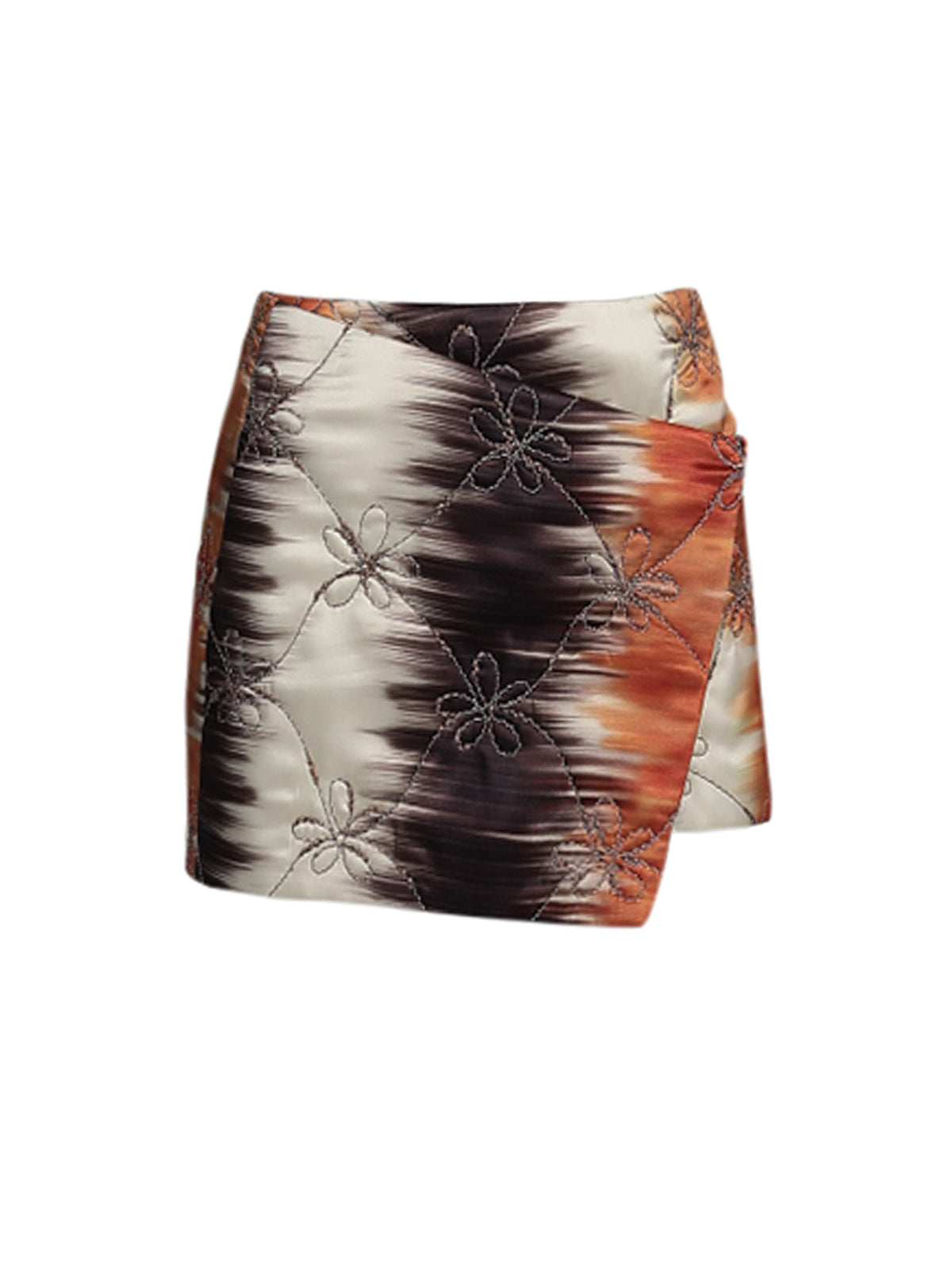 The Aimee Skort Mulberry Orange Hazy is a high-waisted, multicolored skort featuring an abstract floral pattern and an asymmetric hemline, perfect for Resort 2023.