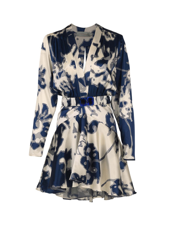 A women's white Aglioni Dress Indigo Tonal Floral, long sleeves, and a matching belt. The dress has a V-neckline and a flared skirt. Final sale; no exchange or return allowed.