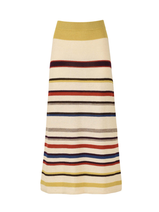 A Brie Skirt Multi Mustard Stripe featuring horizontal bands in cream, yellow, red, navy, and beige on a white background, crafted from 100% baby alpaca.