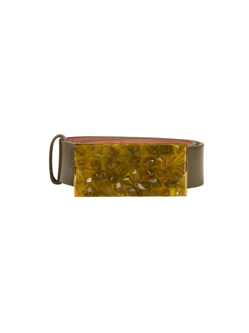 An Dora Belt Olive with an oversized, textured amber buckle, isolated on a white background.