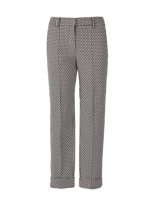 A pair of Garmet Pant Celeste Geometric Print with tailored details, offering a straight-leg fit and cuffed hems.