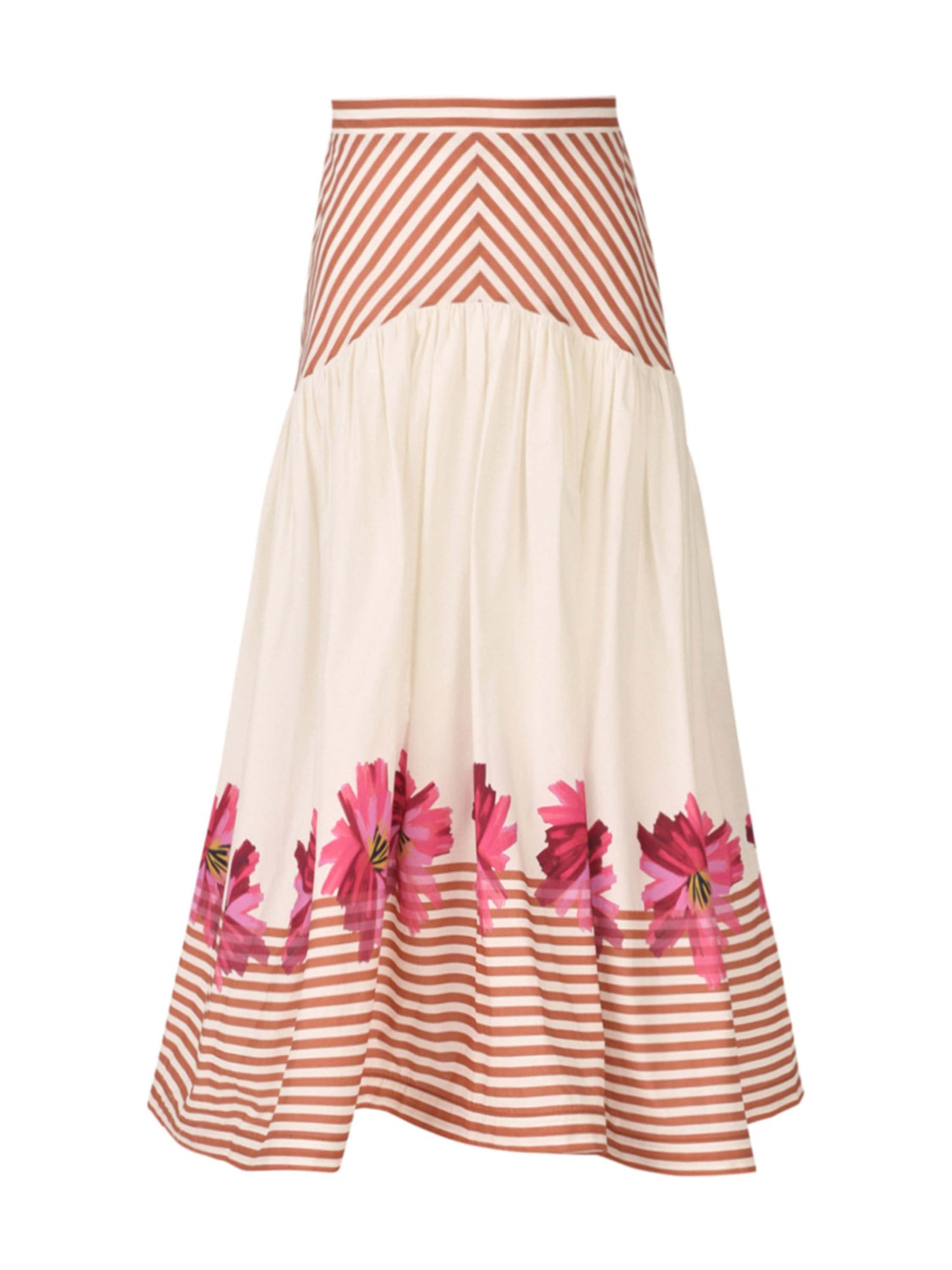 A white midi skirt named "Lilan Skirt Magenta Floral Brushstroke Stripes" with horizontal brown stripes at the top and bottom, featuring a pattern of pink flowers near the hem.