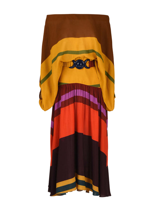 The Mariah Dress Color Block Multi is a multicolored, off-the-shoulder long sleeves ensemble with a wide black belt, featuring color block stripes in shades of yellow, brown, purple, red, and orange.