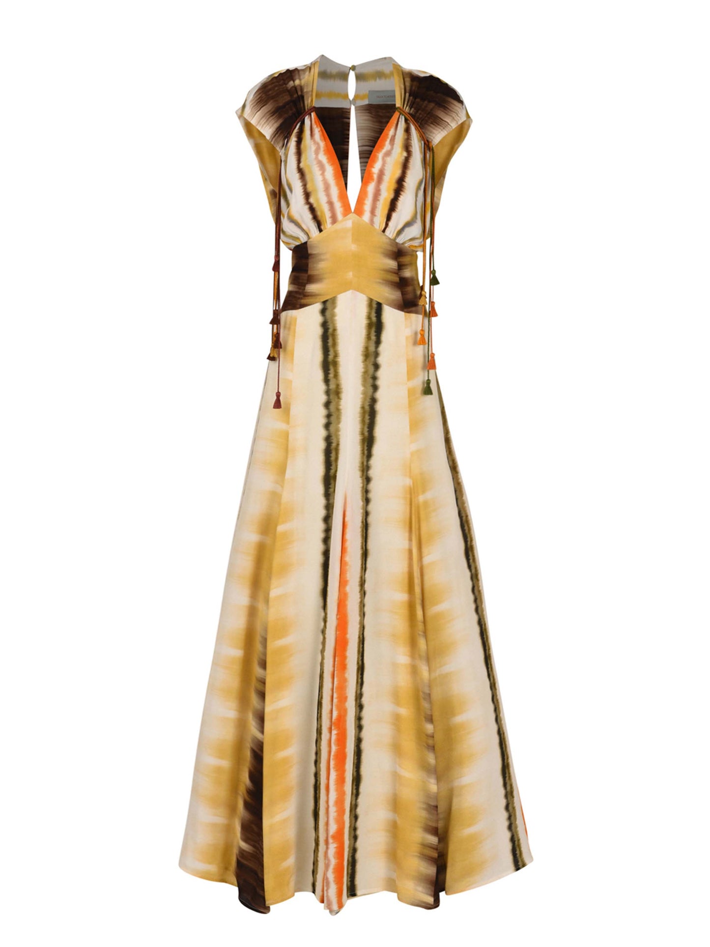 The Marion Dress Multi Hazy Stripe from the Resort 2023 collection features a sleeveless, floor-length design with a multi hazy stripe print in yellow, orange, and brown. It boasts a v-neckline and keyhole opening at the back.