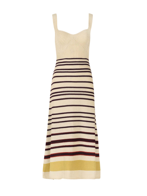 Sleeveless a-line Muriel Dress Multi Mustard Stripe with a beige top and horizontal stripes in black, red, and yellow on the skirt, displayed on a white background.