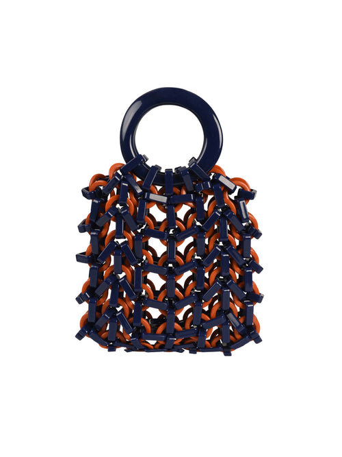 Omegna Handbag Navy/Orange with ring-shaped handles, isolated on a white background.