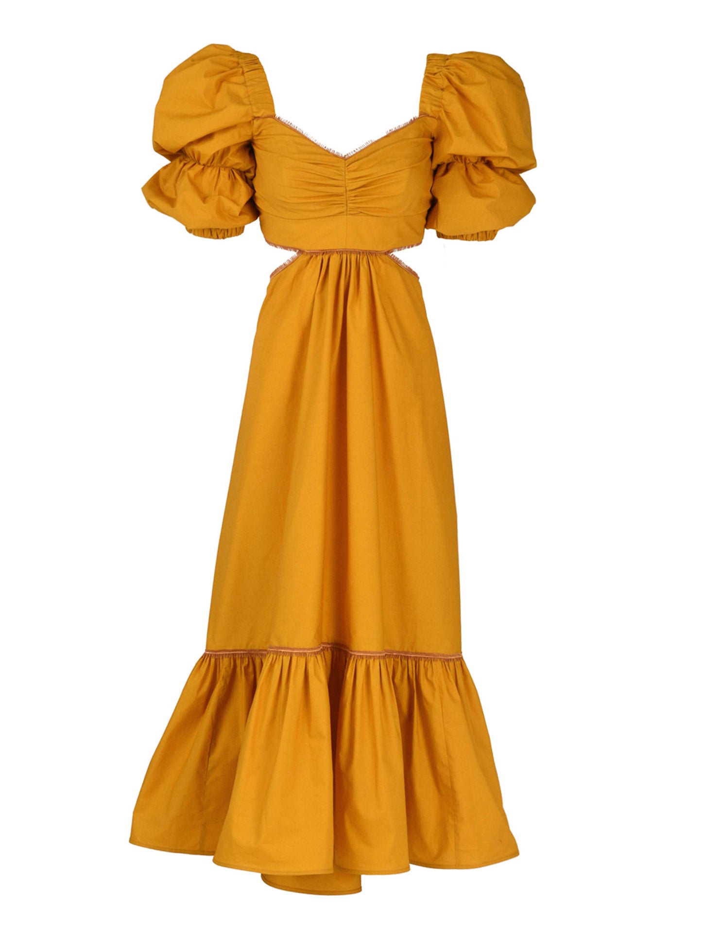 Introducing the Peggie Dress Marigold, a stunning Silvia Tcherassi dress in mustard yellow, featuring puffed sleeves, a fitted bodice, side cutouts, and a ruffled hem—an essential piece from Resort 2023.