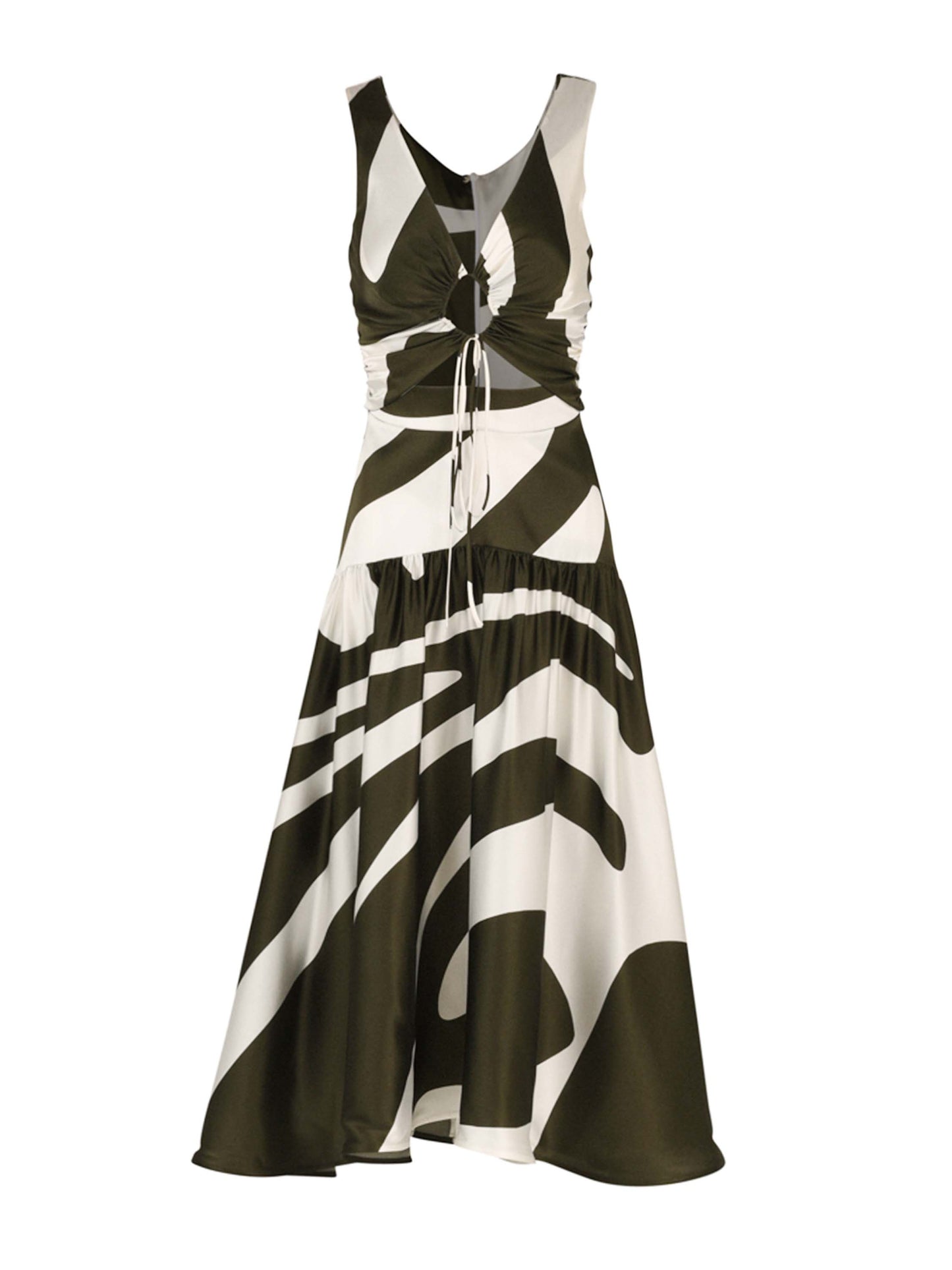 Experience elegance in the Roseanne Dress Green Abstract Palm, a sleeveless silk midi dress with a striking black and white abstract pattern. The gathered front bodice and asymmetrical hemline add an extra touch of sophistication to this timeless piece.