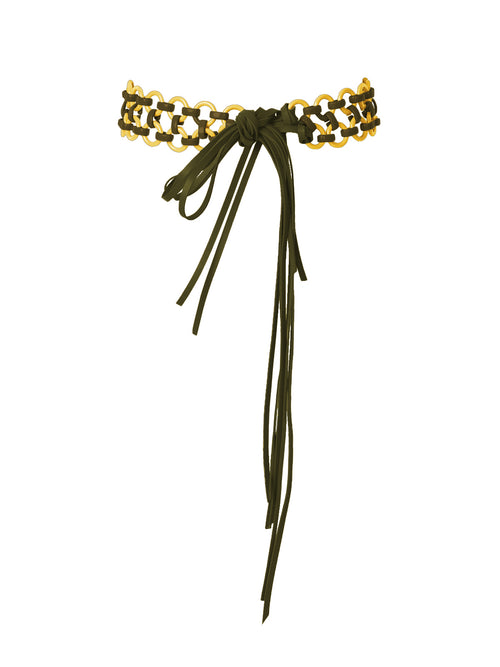 Gold and olive Sindione Belt Green/Yellow with tassel ties.