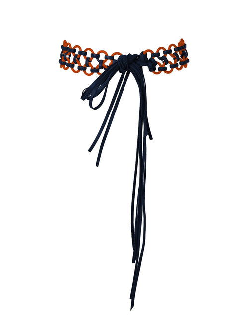 Sindione Belt Navy/Orange woven friendship bracelet with leather straps and tie closure.