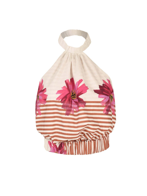 The Tammy Blouse Magenta Floral Brushstroke Stripes by Silvia Tcherassi is a sleeveless halter top with abstract floral prints in pink and brown horizontal stripes, featuring an elastic hemline.