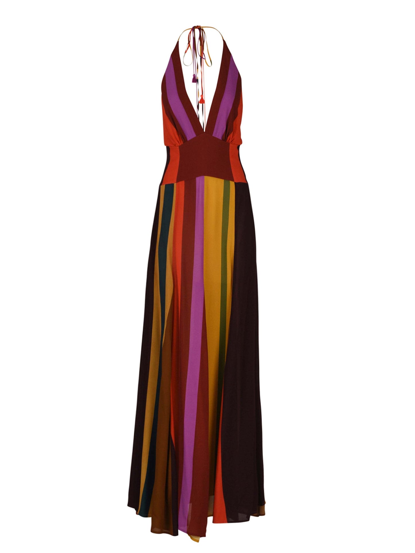 A chic and playful, sleeveless Tawny Dress Color Block Multi featuring a deep V-neckline and an ankle-length hem.