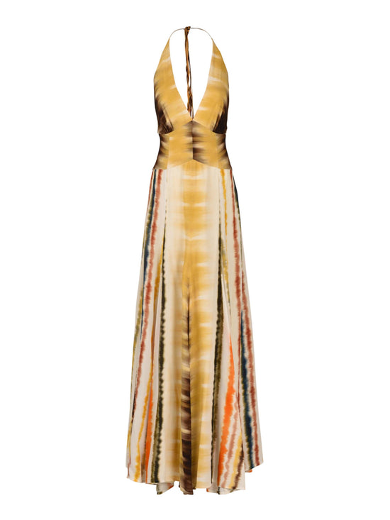 Tawny Dress Multi Hazy Stripe with a deep V-neckline, figure-elongating stripes, and floor-length flowy design.