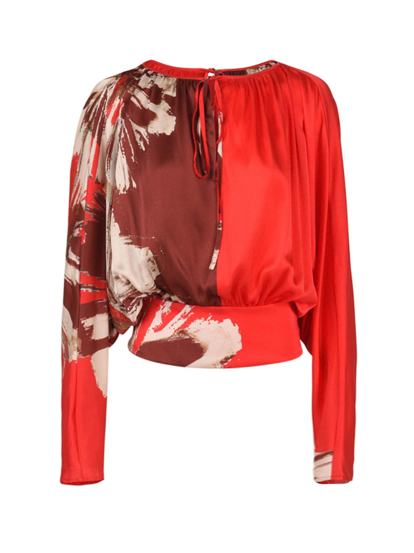 The Tyne Blouse Scarlet Brown Floral is a long-sleeve silk blouse that showcases an abstract floral brushstrokes print, complete with a tie closure at the neckline and a gathered waist.