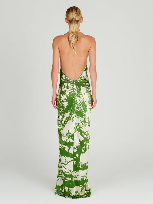 A Jazmin Dress Green Cyprus with a halter neck in green and white, perfect for Resort 2024.