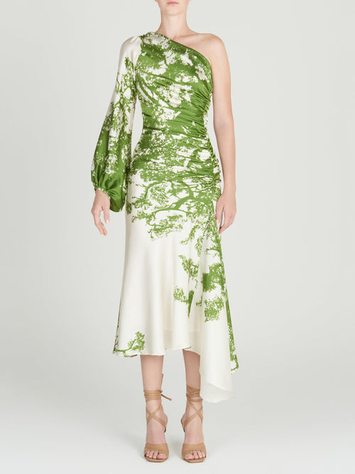 An asymmetrical Villanova Dress Green Cyprus silk dress with a sleeve.