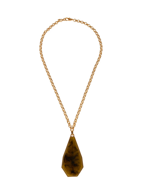 A Ascoli Necklace Olive Green with a tiger eye pendant on a gold chain ships within days of ordering.