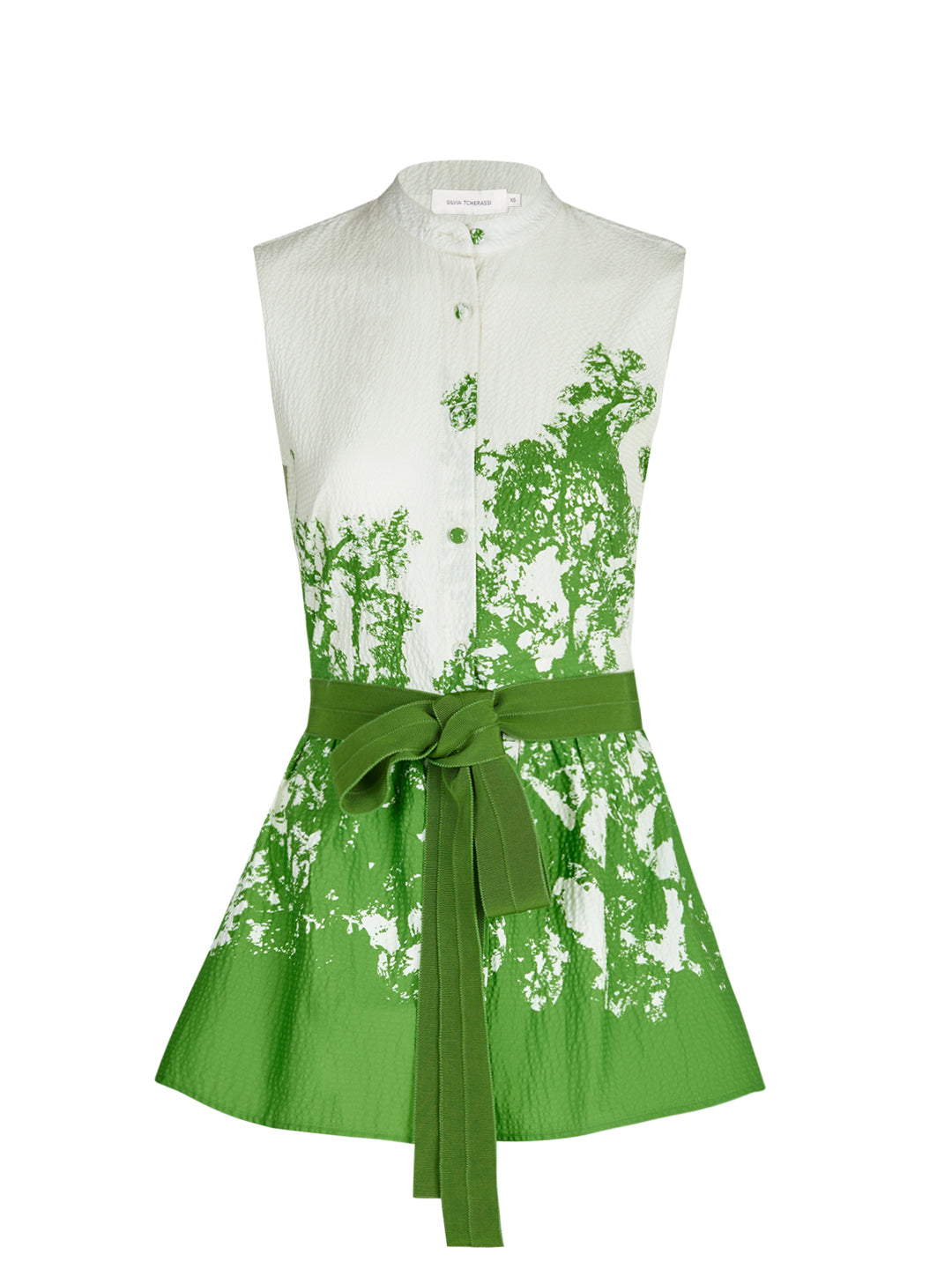 A Colony Blouse Green Cyprus in green and white with a green belt, made of cotton.