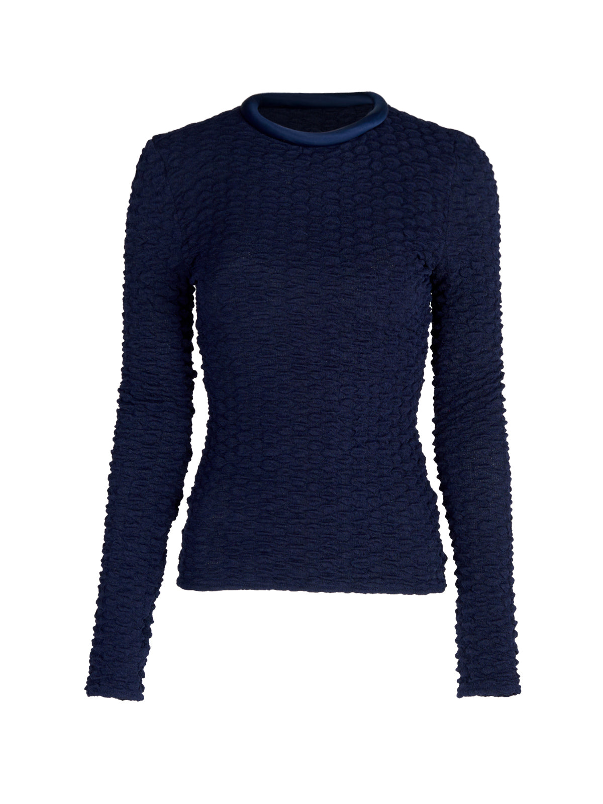 A women's long-sleeved Jari Top Navy, crafted from jacquard fabric, making it a versatile piece for Resort 2024.