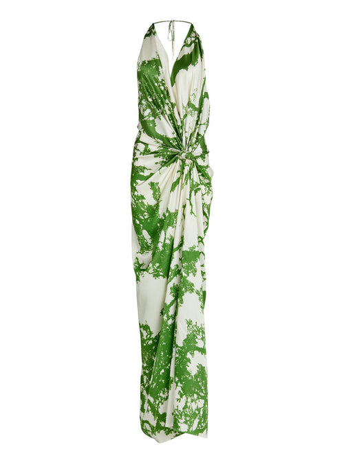 A Jazmin Dress Green Cyprus with a halter neck in green and white, perfect for Resort 2024.