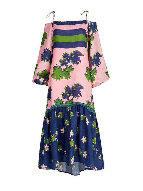 Oristano Dress Navy Pink with off-the-shoulder style and blue and green flowers on it.
