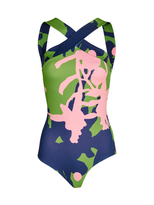 An abstract print Prato One Piece Verdi Blossom swimsuit for women, featuring a halter neckline and vibrant pink and green colors.