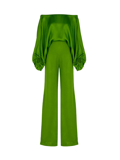 A Theresa Jumpsuit Lime with ruffled sleeves.