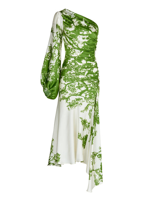 An asymmetrical Villanova Dress Green Cyprus silk dress with a sleeve.