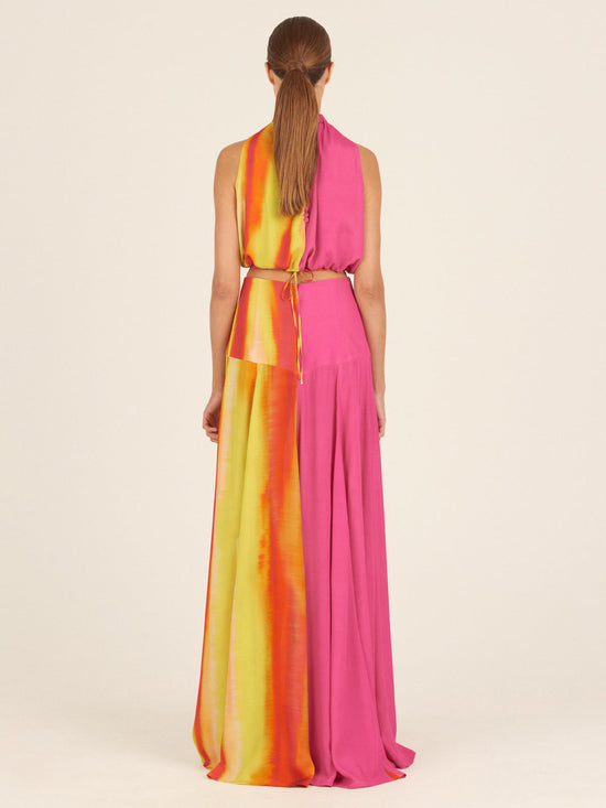 Floor-length Febe Skirt Fuschia Lime Stripes featuring a fuchsia and orange tie-dye pattern with a striped waistband, isolated on a white background.