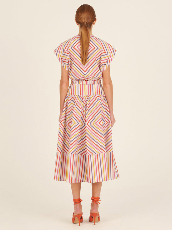 A colorful Macarena Dress Golden Magenta Stripes with a belt, made from striped fabric.