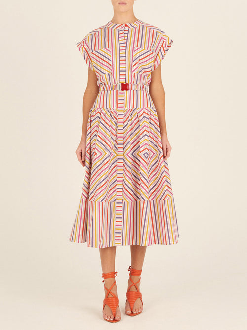 A colorful Macarena Dress Golden Magenta Stripes with a belt, made from striped fabric.