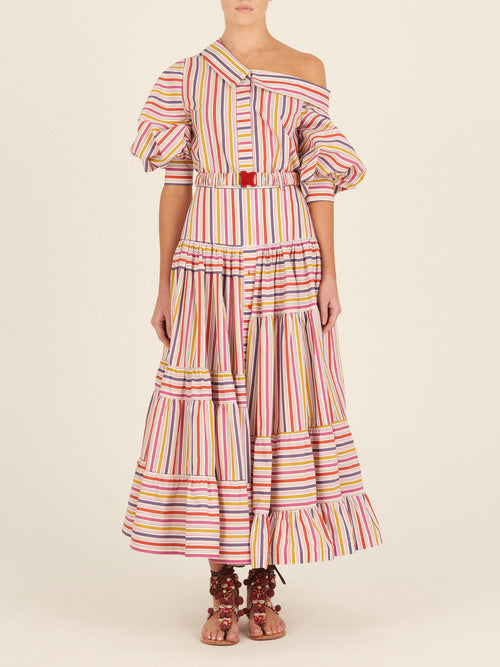 The Magnolia Skirt Golden Magenta Stripes by Silvia Tcherassi features colorful stripes and ruffles for a playful look.