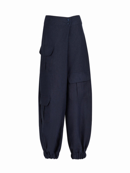 Brandon Pant Navy Linen with elastic cuffs.