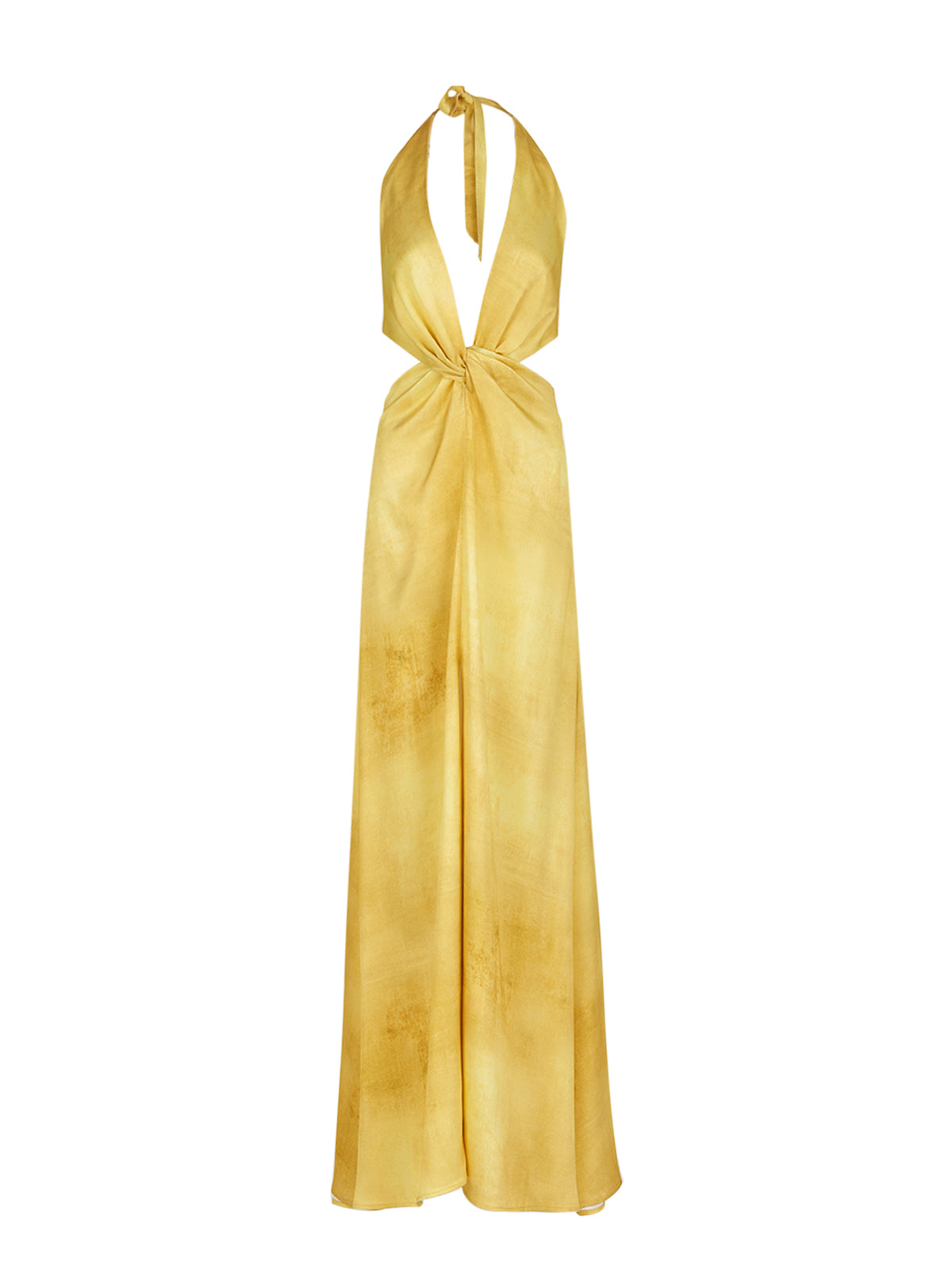 The Camila Dress Canary is a long, backless dress featuring a halter neck design in canary-hued fabric, complete with a knot detail at the front that accentuates a feminine silhouette.