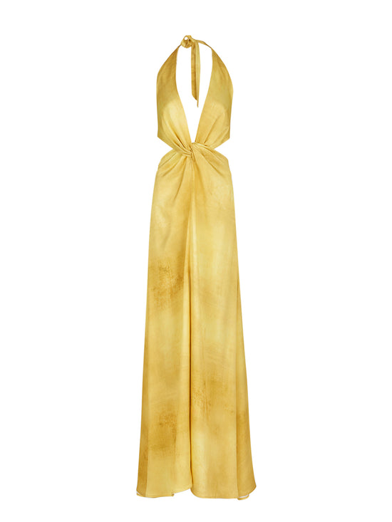 The Camila Dress Canary is a long, backless dress featuring a halter neck design in canary-hued fabric, complete with a knot detail at the front that accentuates a feminine silhouette.