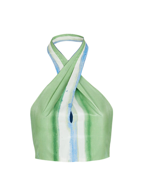 The Eos Top Washed Emerald Blue is a green halter neckline top with white and blue taffeta fabric vertical stripes and a small keyhole design in the center.