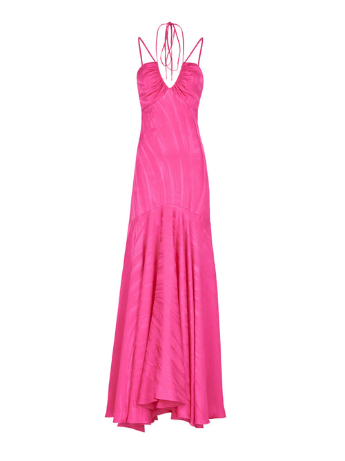 An elegant fuchsia Jacinta Dress Fuchsia with a v-neck and straps.