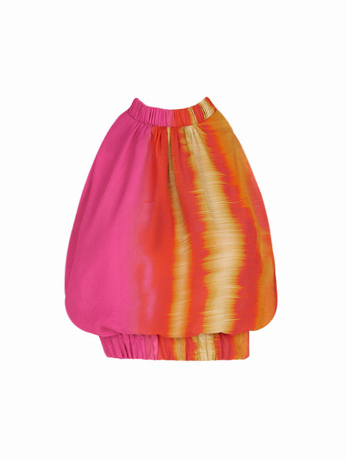 A colorful, balloon-style skirt with a vibrant pink, orange, and yellow tie-dye design, featuring an elastic waistband and hem—a timeless selection that pairs perfectly with the Leire Blouse Fuschia Lime Stripes.