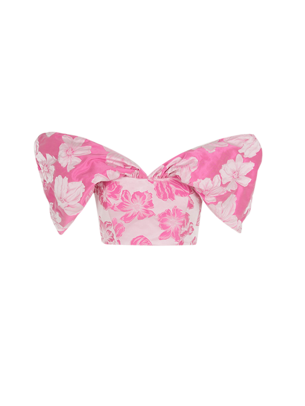 A Natasha Top Magenta Floral featuring large, dramatic bow sleeves on each side.