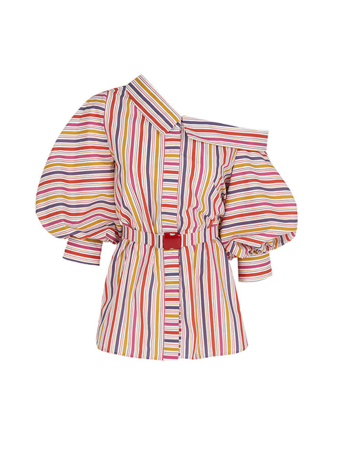 The Nerio Blouse Golden Magenta Stripes features voluminous sleeves, an asymmetrical off the shoulder neckline, and a red belt at the waist.