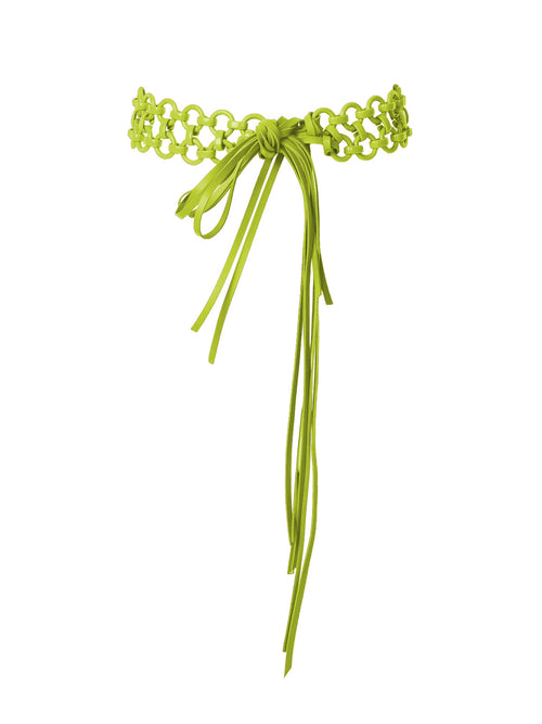 Sindone Belt Green tied in a bow with dangling ends against a white background.