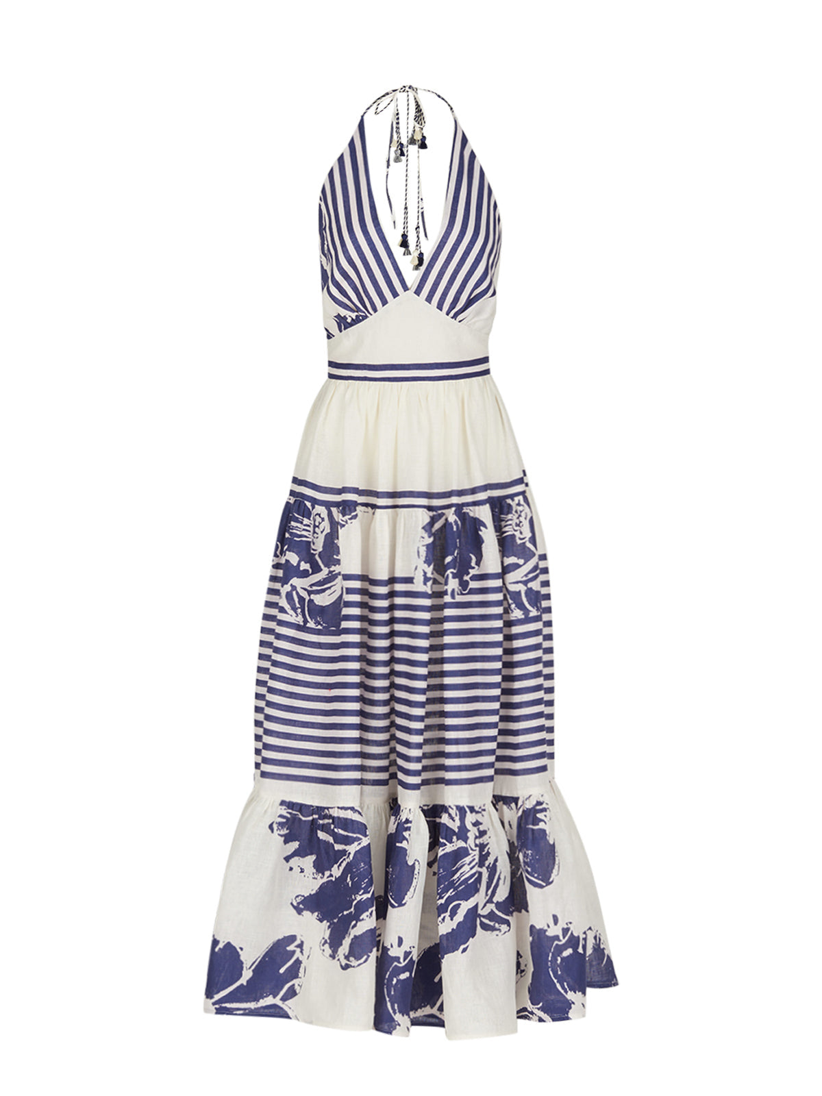 The Valerie Dress Azure Floral Stripes is a charming addition to your Spring 2023 wardrobe, featuring a sleeveless, halter-neck design with azure floral stripes and blue floral prints on the skirt and hemline.