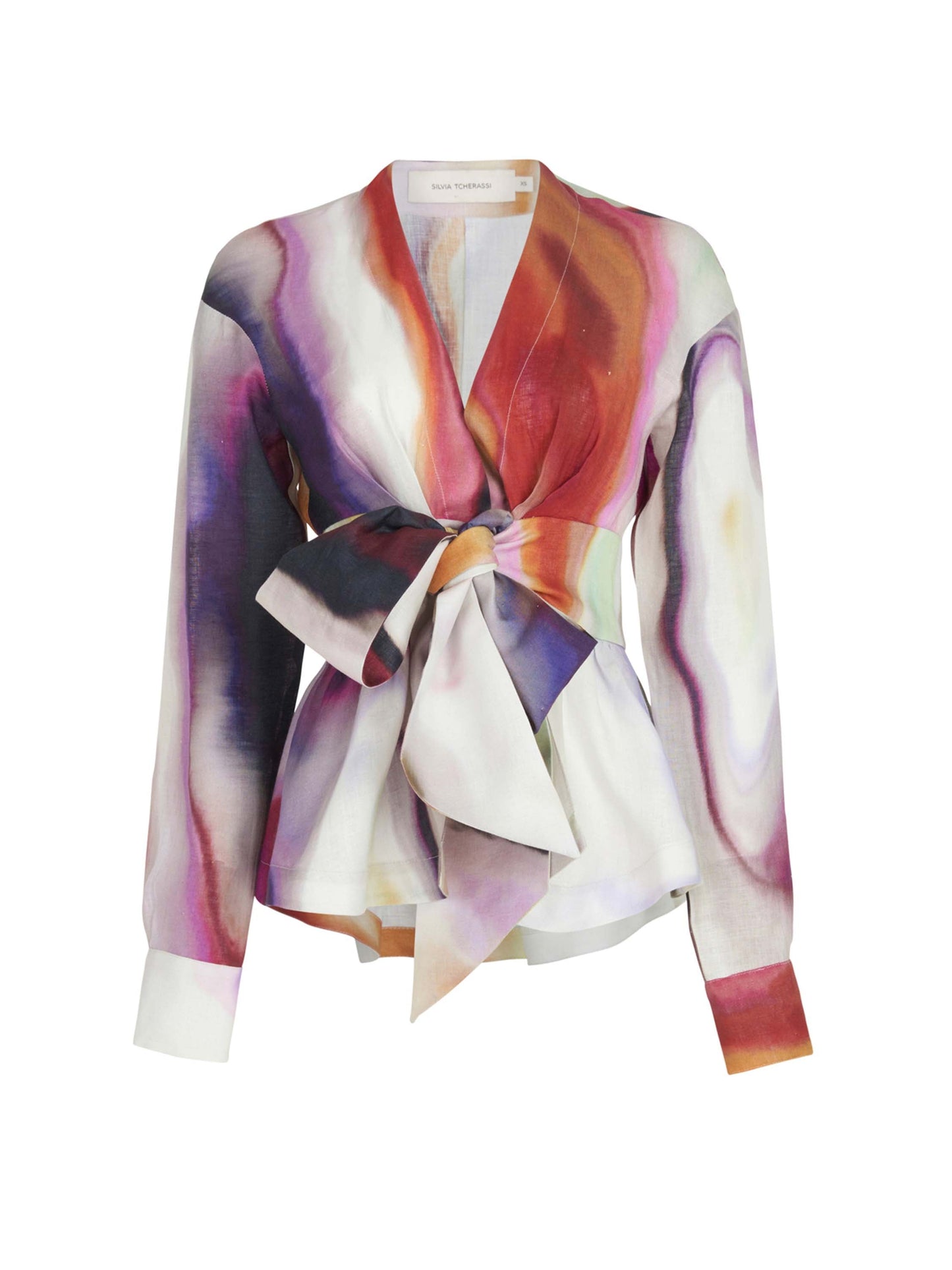 Introducing the Saanvi Blouse Iridescent Marble for women, featuring a vibrant marble print.