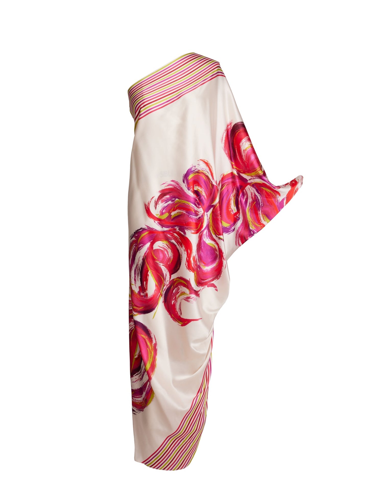 Inu Tunic Abstract Waves with a floral pattern in shades of pink, red, and white features striped borders on the edges. The fuschia abstract waves add a unique touch, and the tunic is designed to drape beautifully to show off its design.