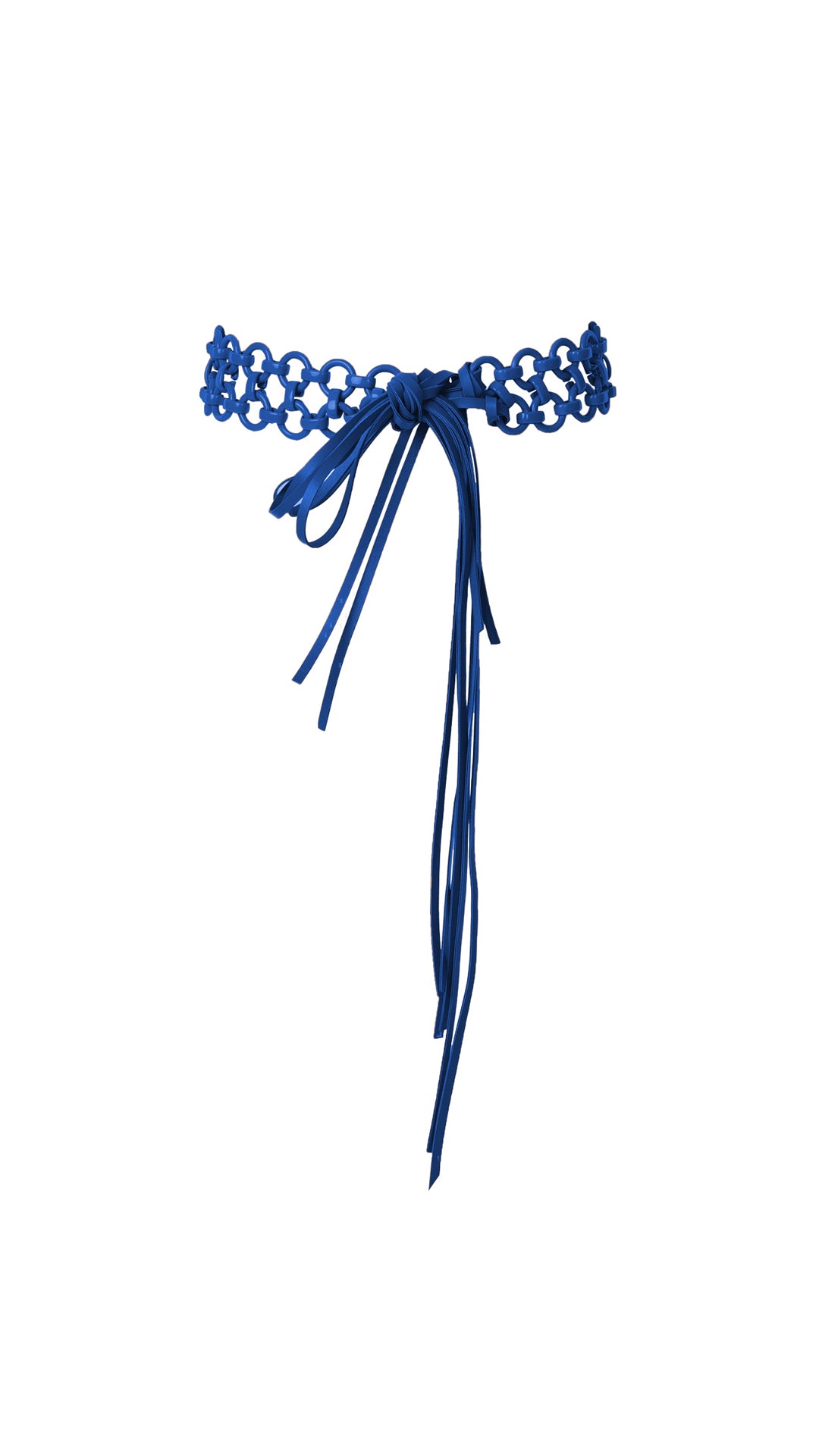 A blue floral lace Sindione Belt Blue necklace with leather straps, isolated on a white background.