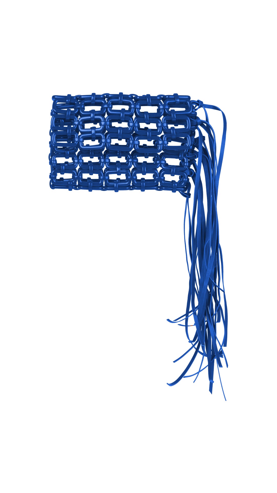 The Zoey Handbag Blue is a distinctive clutch made from blue woven fabric, showcasing intricate knotting and Italian leather fringe with long, loose strands hanging from one side, set against a white background. Final Sale item.